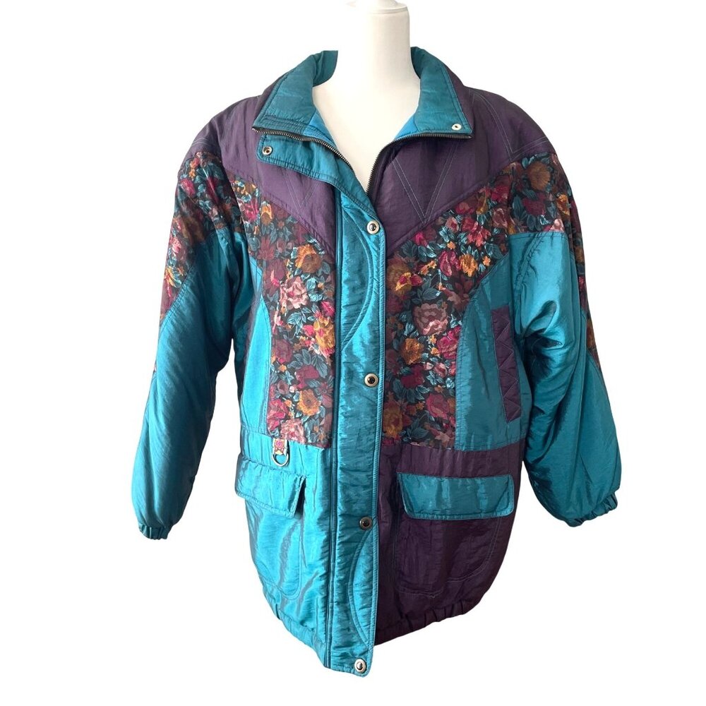 Vintage PAO Floral Patchwork Tapestry Coat Jacket Womens L 90s Teal & Purple